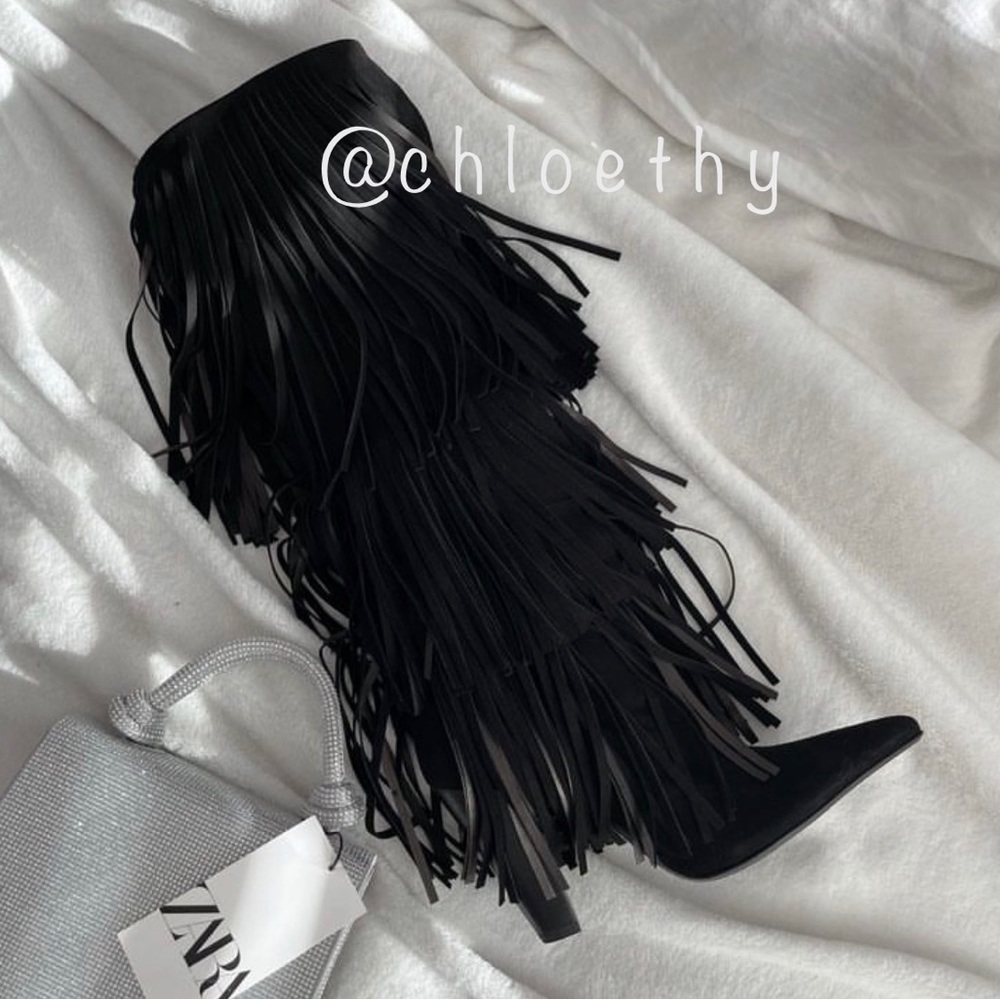 Zara FRINGED HEELED LEATHER KNEE HIGH BOOTS
